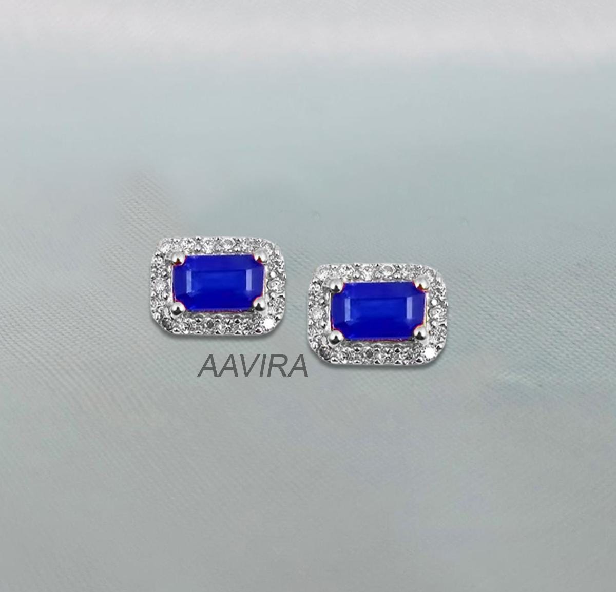 Blue Sapphire Stud Earrings, Diamond Earrings For Women, Halo Stud Earring, Bridesmaid Gift, Anniversary Stud Earrings Gift, Blue Stone Stud