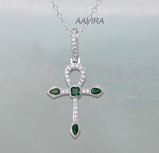Bezel Set Princess Green Emerald Necklace, Pear Emerald Necklace, Cross Jewelry, Religious Cross Necklace, Anniversary Gift For Her, Gifts