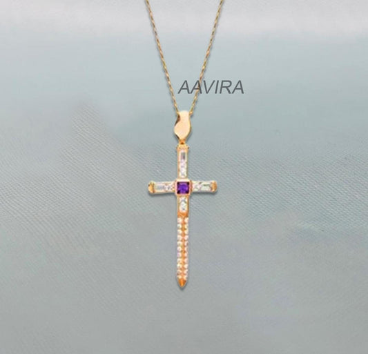 Amethyst Princess Cross Necklace, Purple Stone Cross Pendant, Religious Necklace For Her, Silver Cross Necklace, Diamond Cross Necklace