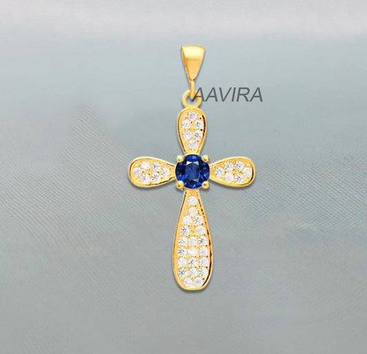 Multi Stone Cross Necklace, Sapphire Cross Necklace, 14k Yellow Gold Cross Gift, Blue Stone Cross Necklace, Women Cross Jewelry, Women Cross