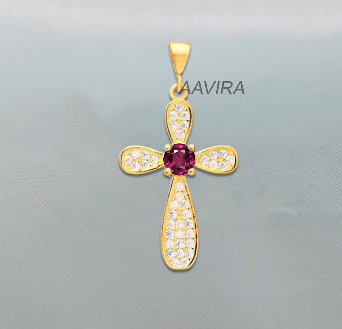 Multi Stone Cross Necklace, Sapphire Cross Necklace, 14k Yellow Gold Cross Gift, Blue Stone Cross Necklace, Women Cross Jewelry, Women Cross