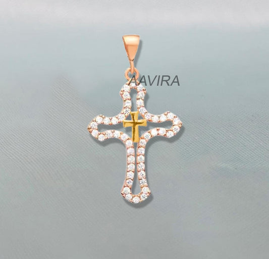 Cross Jewelry, Two Tone Plated Cross Diamond Pendant Necklace, Delicate Cross Necklace, Diamond Cross Necklace, Women's Cross Pendant Gif