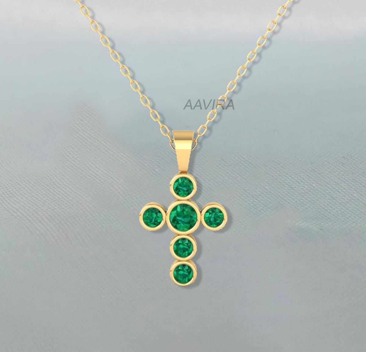 Emerald Cross Necklace, Bezel Set Cross Necklace, Green Emerald Pendant, Dainty Cross Necklace, Women's Pendant, 14k Yellow Gold Cross Gift