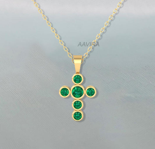 Emerald Cross Necklace, Bezel Set Cross Necklace, Green Emerald Pendant, Dainty Cross Necklace, Women's Pendant, 14k Yellow Gold Cross Gift