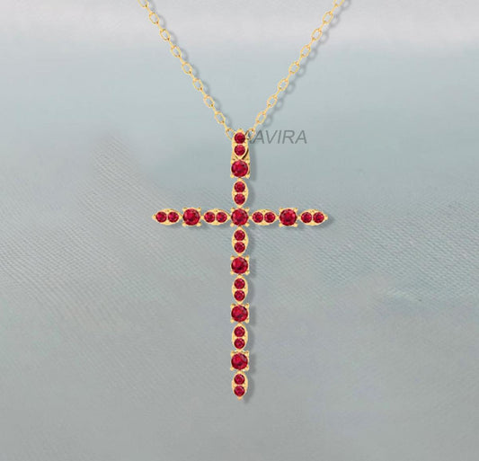 Ruby Cross Necklace, Prong Cross Necklace, Minimalist Cross Necklace, Holy Cross Pendant, Gemstone Cross Necklace, Perfect Anniversary Gift