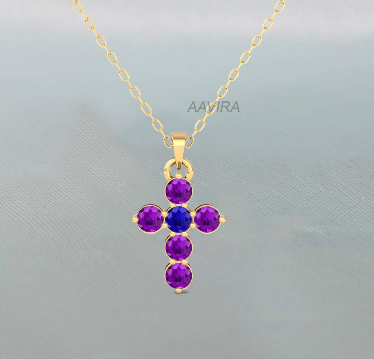 Sapphire & Amethyst Cross Pendant, Sapphire Cross Necklace, Amethyst Cross Pendant, Two Stone Pendant, Religious Cross Pendant, Women Gifts