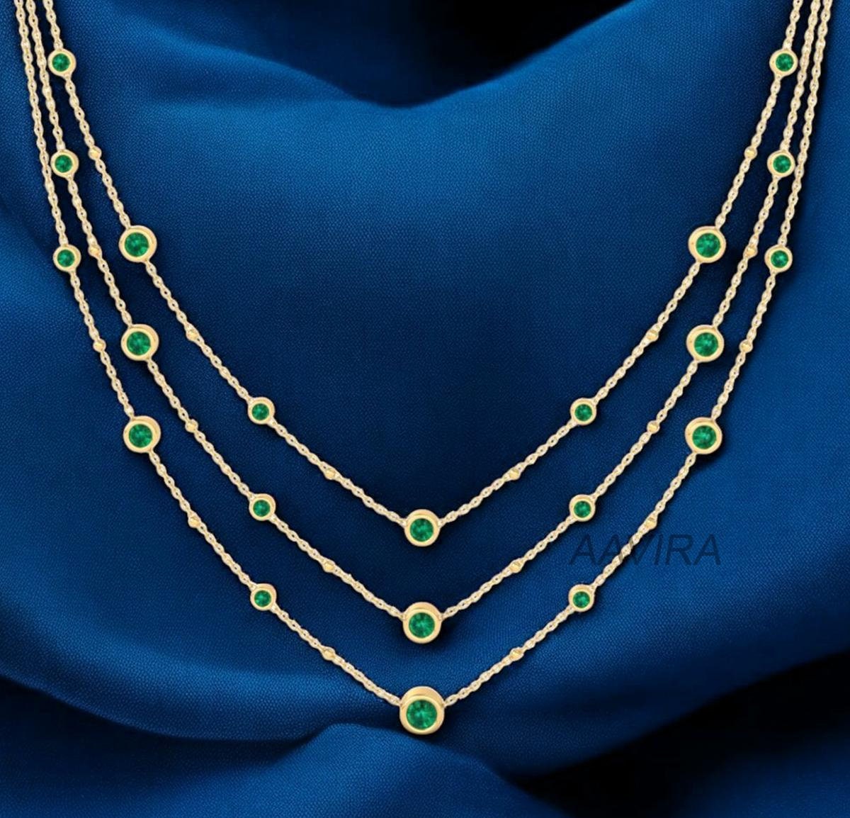 Three Layering Necklace, Green Emerald Bezel Set Necklace, Anniversary Gift, Gemstone Necklace, Women's Pendant Necklace, Ruby Necklace Gift