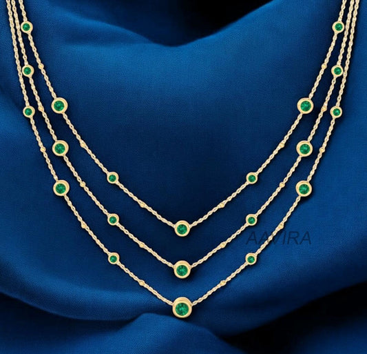 Three Layering Necklace, Green Emerald Bezel Set Necklace, Anniversary Gift, Gemstone Necklace, Women's Pendant Necklace, Ruby Necklace Gift