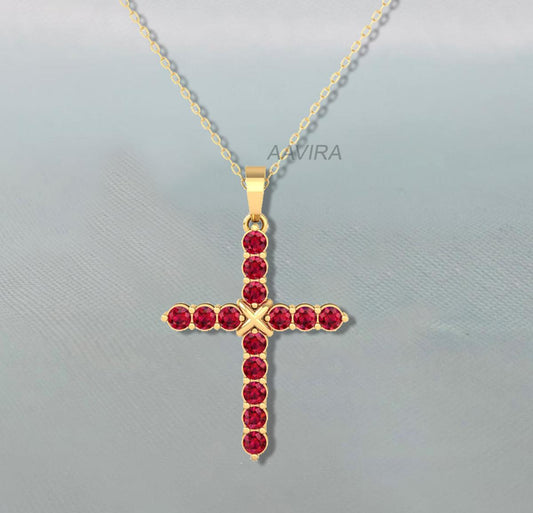 Ruby Cross Pendant Necklace, Christian Cross Pendant, Religious Cross Jewelry, Gemstone Cross Pendant, Gift For Her, Red Stone Cross Pendant