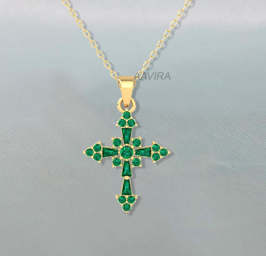 Green Emerald Cross Necklace, Cross Necklace, Christian Pendant, Green Emerald Gemstone Cross Necklace, Delicate Cross Gift, Cross Jewelry