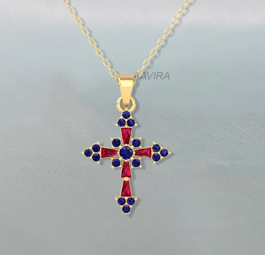 Unique Cross Pendant, Sapphire Cross Necklace, Ruby Cross Necklace, Minimalist Necklace, Holy Cross Pendant, Cross Gemstone Pendant, Gifts