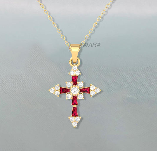 Ruby & Diamond Cross Pendant, Cross Pendant Necklace, Red Stone Pendant, Religious Pendant, Anniversary Gift, Delicate Pendant, Cross Gifts