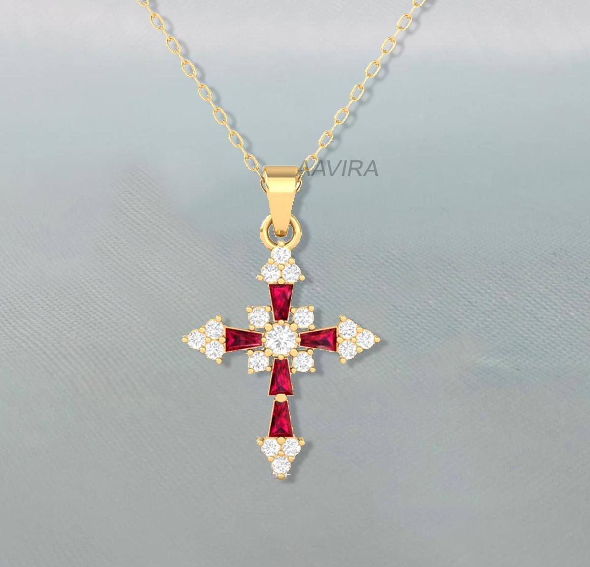 Ruby & Diamond Cross Pendant, Cross Pendant Necklace, Red Stone Pendant, Religious Pendant, Anniversary Gift, Delicate Pendant, Cross Gifts