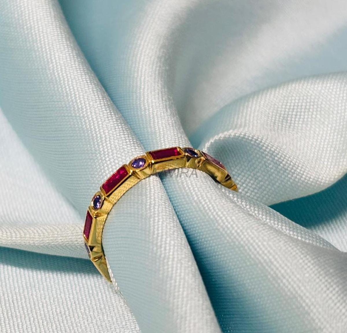Amethyst Ring, Baguette Ruby Ring, Gemstone Ring, Full Eternity Ring, Bezel Ruby Ring, Purple Stone Ring, 14k Yellow Gold Plated Ring, Gifts