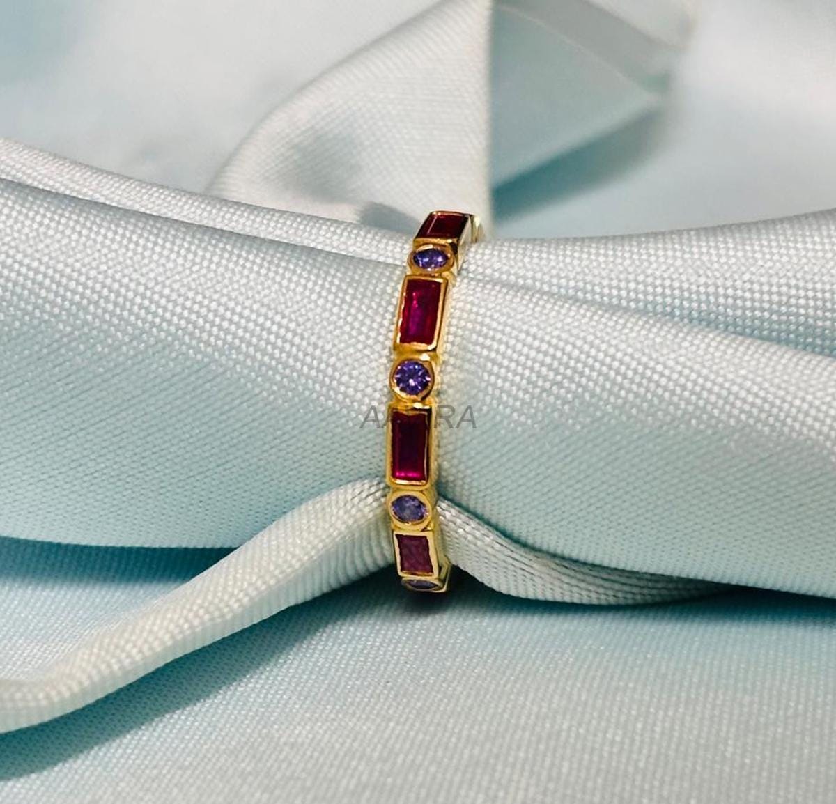Amethyst Ring, Baguette Ruby Ring, Gemstone Ring, Full Eternity Ring, Bezel Ruby Ring, Purple Stone Ring, 14k Yellow Gold Plated Ring, Gifts