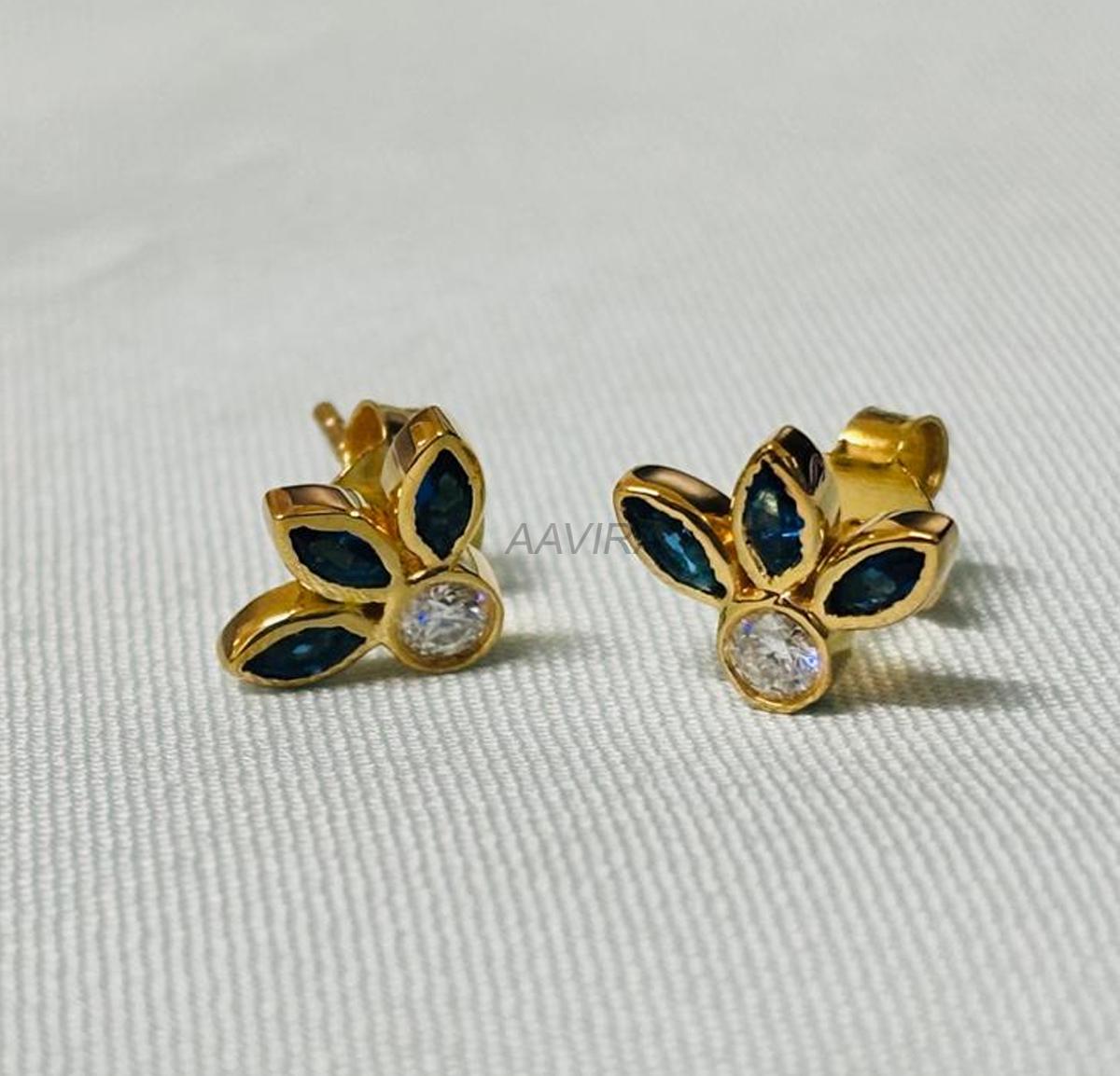 Marquise Cut Blue Sapphire Stud Earrings, Sapphire & Diamond Stud Earrings, Silver Tiny Earrings, Pushback Stud Earrings, Earrings For Women