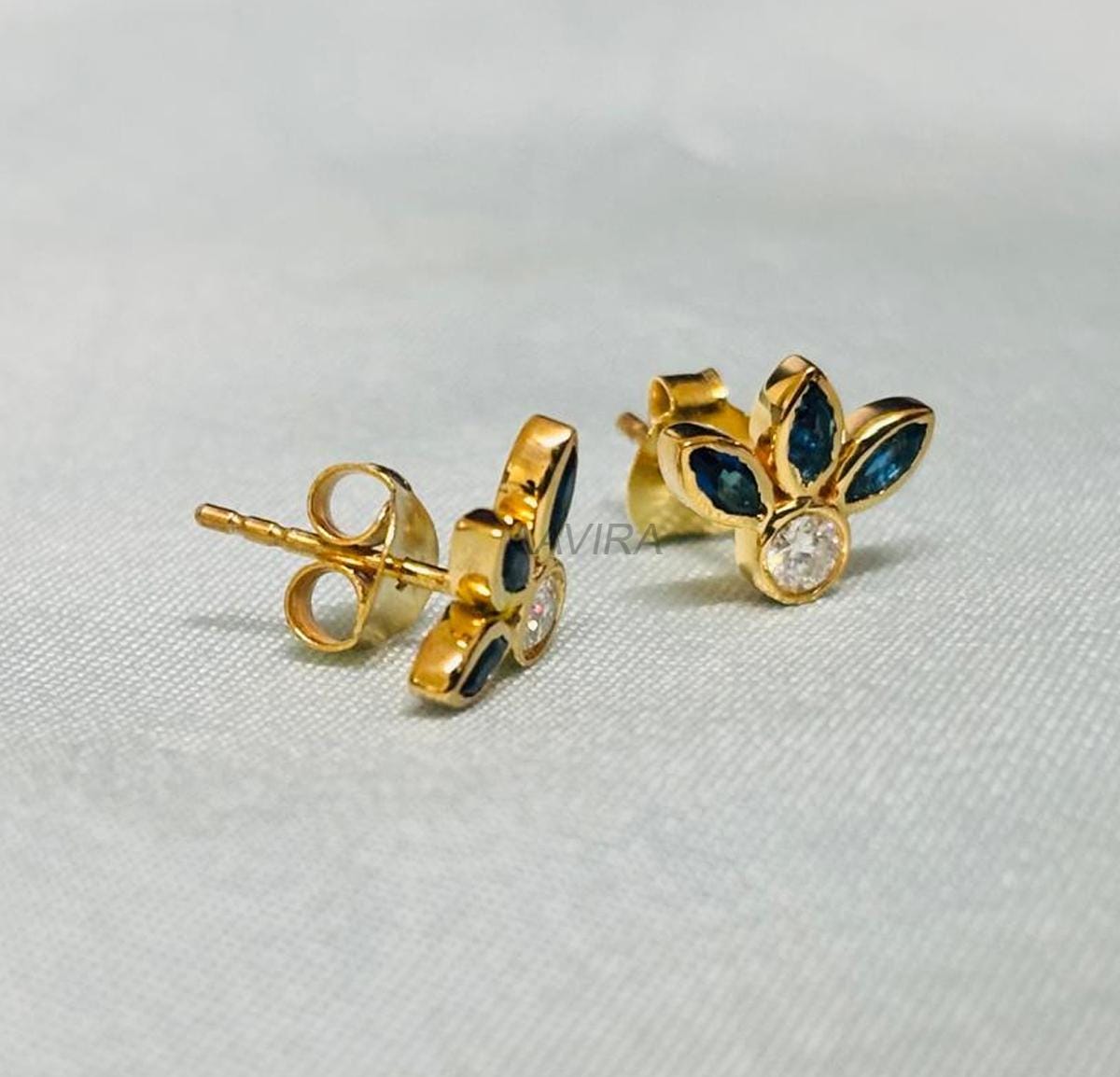 Marquise Cut Blue Sapphire Stud Earrings, Sapphire & Diamond Stud Earrings, Silver Tiny Earrings, Pushback Stud Earrings, Earrings For Women
