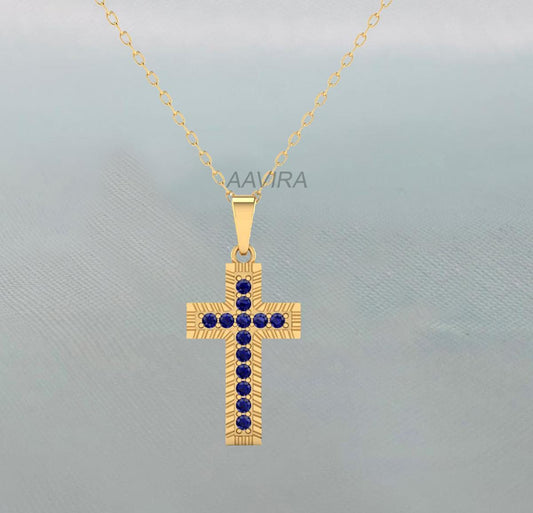 Round Blue Sapphire Cross Necklace, Holy Cross Pendant, Prong Set Gemstone Cross Necklace, Minimalist Necklace, Perfect Anniversary Gift