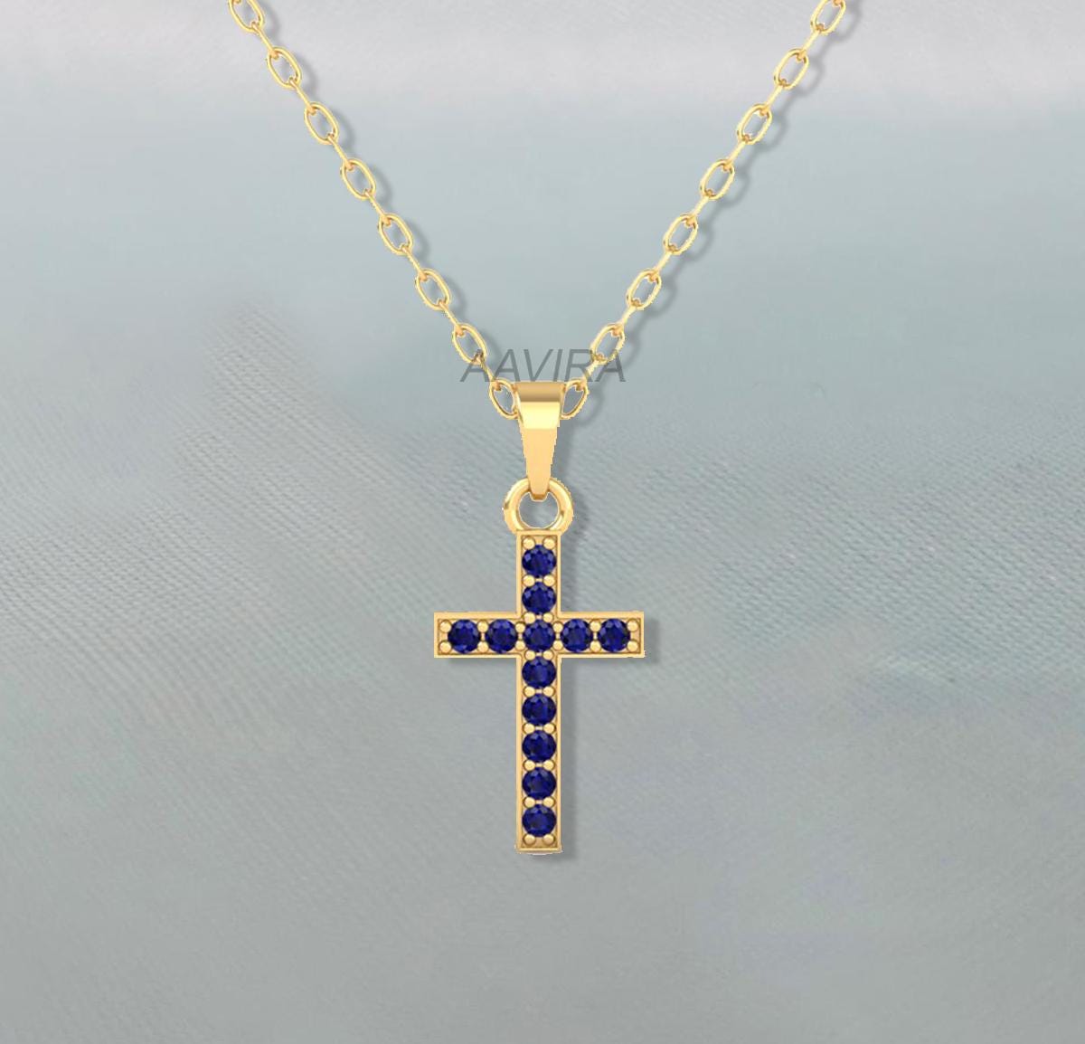 Holy Cross Pendant, Sapphire Cross Pendant, Sapphire Chain Cross Pendant, Blue Sapphire Gemstone Pendant, Delicate Pendant, Perfect Gift