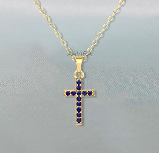 Holy Cross Pendant, Sapphire Cross Pendant, Sapphire Chain Cross Pendant, Blue Sapphire Gemstone Pendant, Delicate Pendant, Perfect Gift