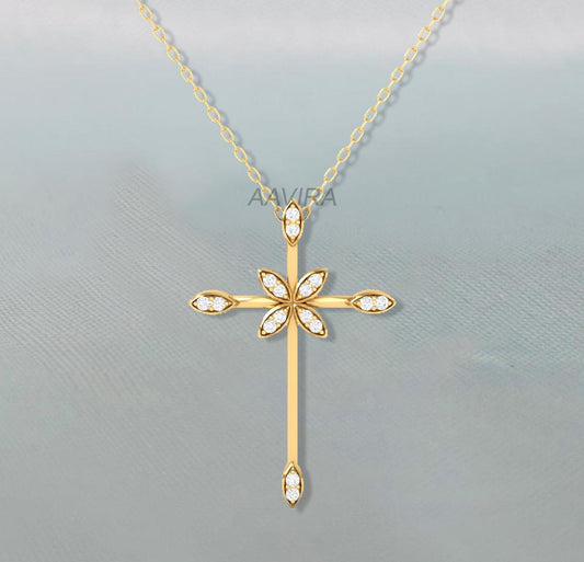 Moissanite Diamond Cross Pendant, 14k Yellow Gold Plated, Handmade holy Pendant, Perfect Birthday Gift, Gift For Girlfriend, Cross Jewelry