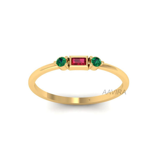 Baguette Cut Ruby Ring, Ruby Emerald Gemstone Ring, Gemstone Jewelry, 14k Yellow Gold Round Green Emerald Ring, Anniversary Ring for Women
