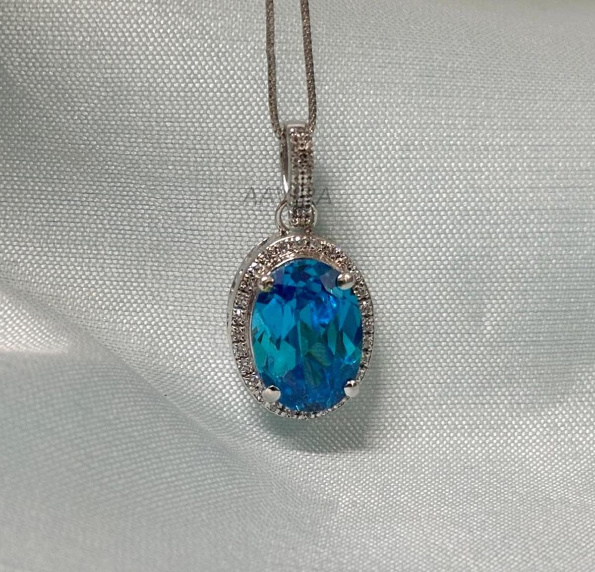 Blue Topaz Pendant, Oval Cut Pendant, Halo Diamond Wedding Necklace, Diamond Pendant, Minimalist Oval Pendant, 925 Sterling Silver Necklace