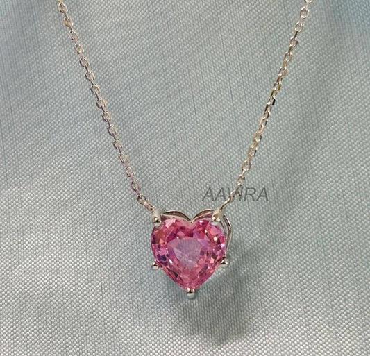 Heart Necklace, Pink Heart Pendant, Birthstone Pendant, Pink Sapphire Pendant For Women, Solitaire Pendant Necklace, Gift For Girlfriend