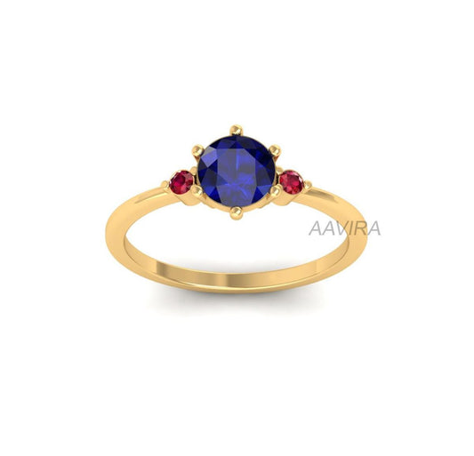 Sapphire And Ruby Ring, Trio Gemstone Stackable Ring, Sapphire Emerald Ruby Ring, Three Stone Birthstone Ring, 14k Yellow Gold Plated, Gifts