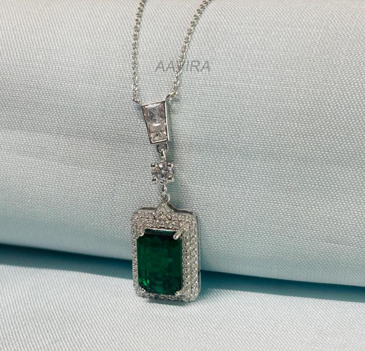 Elegant Emerald Cut Pendant, Unique Emerald Necklace, May Birthstone Necklace, Emerald Halo Pendant, Halo Wedding Pendant for Women, Gift