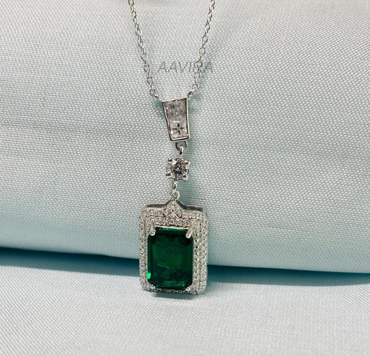 Elegant Emerald Cut Pendant, Unique Emerald Necklace, May Birthstone Necklace, Emerald Halo Pendant, Halo Wedding Pendant for Women, Gift