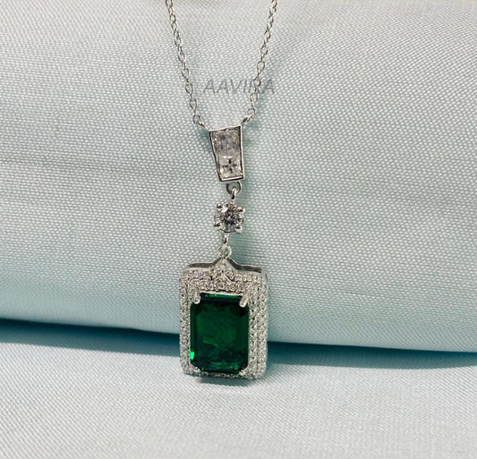 Elegant Emerald Cut Pendant, Unique Emerald Necklace, May Birthstone Necklace, Emerald Halo Pendant, Halo Wedding Pendant for Women, Gift