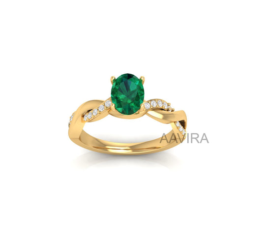 Green Emerald Oval Ring, Gemstone Ring, Emerald & Diamond Ring, Women's Engagement Ring, Gift For Mom, Twist Diamond Ring, Anniversary Ring
