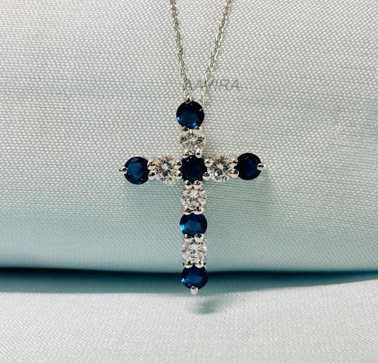 Sapphire Diamond Cross Pendant, Cross Necklace, Religious Cross Pendant, Sapphire Cross Pendant, Silver Cross Pendant, September Birthstone