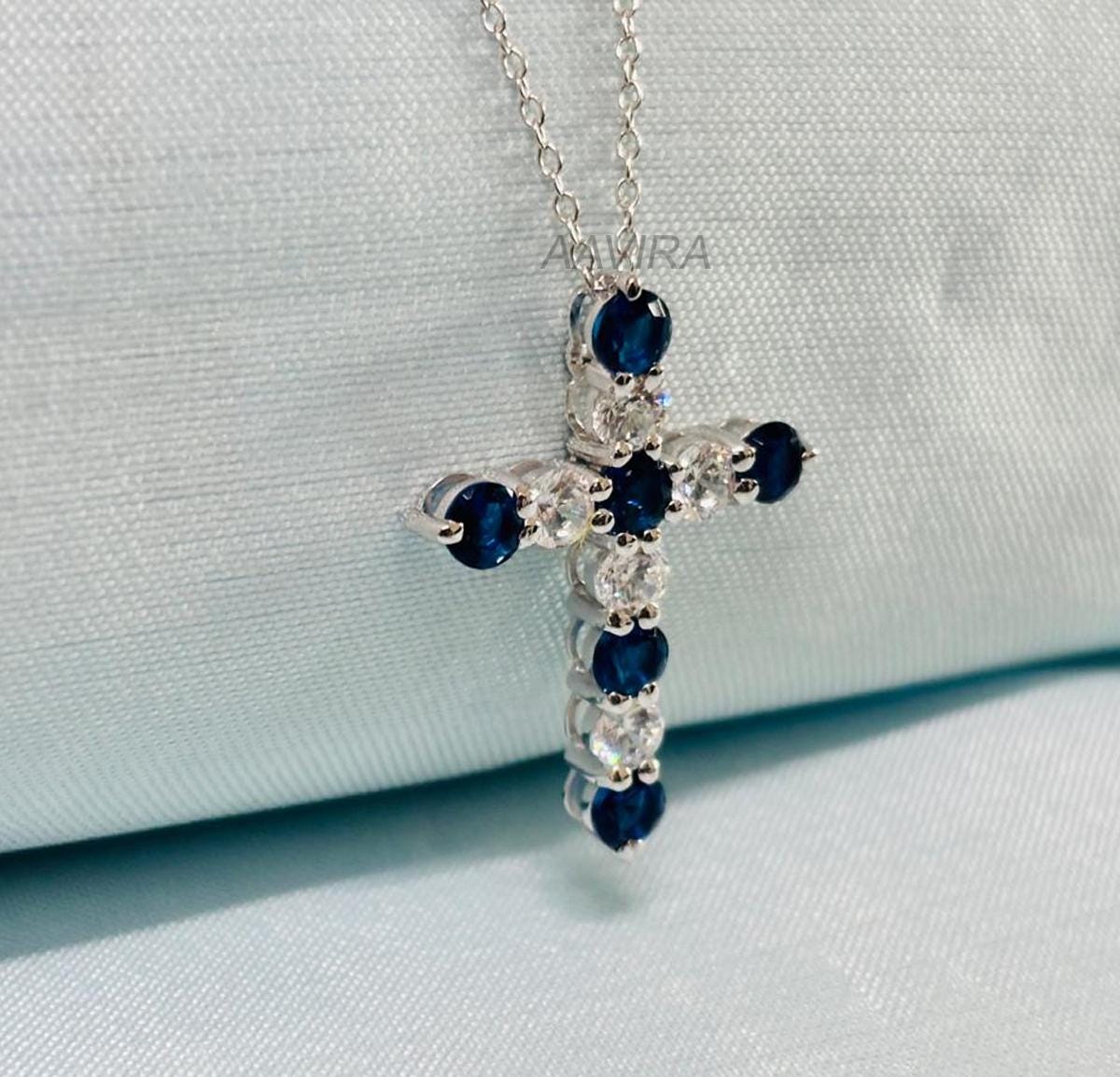 Sapphire Diamond Cross Pendant, Cross Necklace, Religious Cross Pendant, Sapphire Cross Pendant, Silver Cross Pendant, September Birthstone