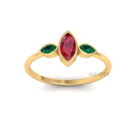 Marquise Cut Ruby & Emerald Ring, 14K Yellow Gold Ruby Wedding Band, Bezel Setting Band, Bezel Set Wedding Band, Three Stone Engagement Ring