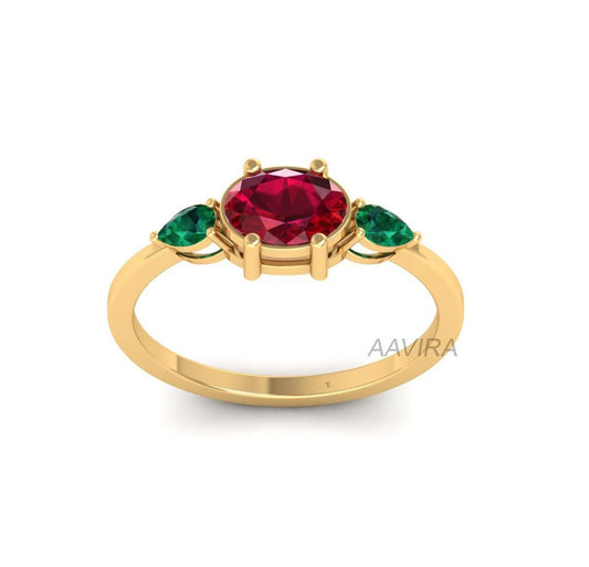 Oval Ruby Ring, Pear Emerald Ring, Oval Minimalist Ring, Birthstone Ring, 14k Gold Three Stone Ring, Gemstone Ring, Anniversary Ring