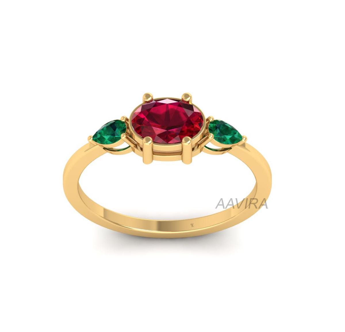 Oval Ruby Ring, Pear Emerald Ring, Oval Minimalist Ring, Birthstone Ring, 14k Gold Three Stone Ring, Gemstone Ring, Anniversary Ring