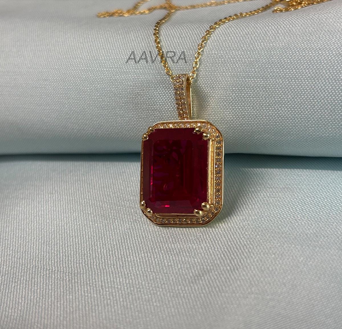 Emerald Pendant Necklace For Women, Red Ruby Gemstone Pendant, Halo Diamond Necklace, Wedding Necklace With Chain, Bridesmaid Gift, Gifts