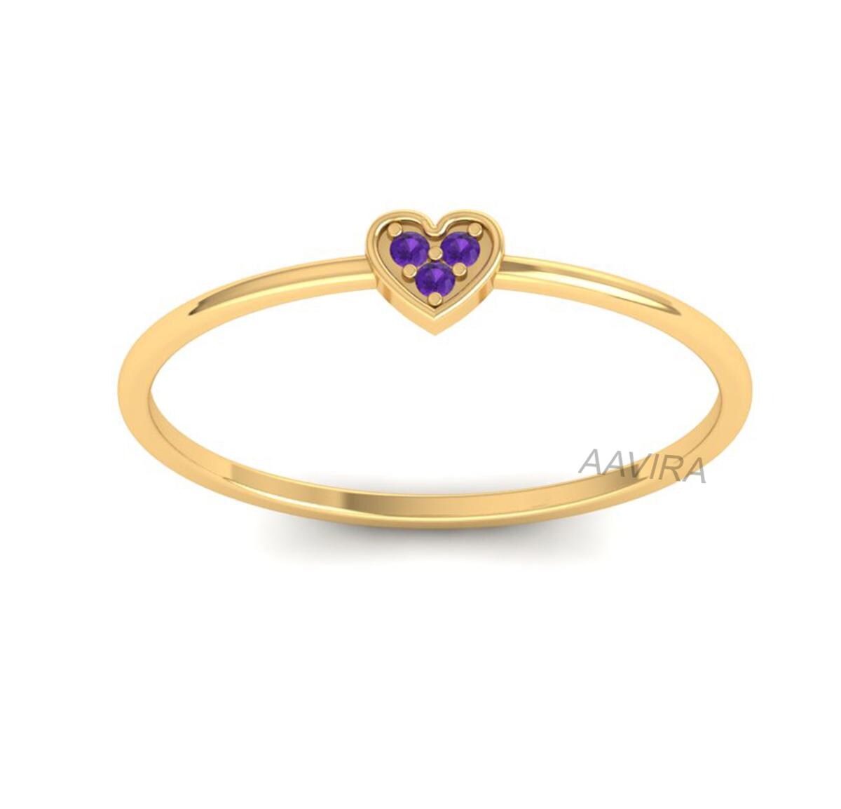 Heart Birthstone Ring, Stackable Ring, Mothers Jewelry, Heart Shaped Purple Amethyst Dainty Ring, 14K Gold Handmade Ring, Three Stone Ring