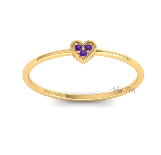 Heart Birthstone Ring, Stackable Ring, Mothers Jewelry, Heart Shaped Purple Amethyst Dainty Ring, 14K Gold Handmade Ring, Three Stone Ring