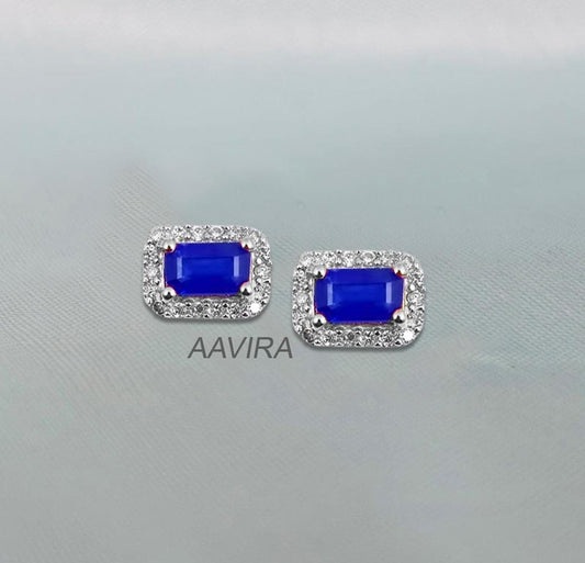 Blue Sapphire Stud Earrings, Diamond Earrings For Women, Halo Stud Earring, Bridesmaid Gift, Anniversary Stud Earrings Gift, Blue Stone Stud