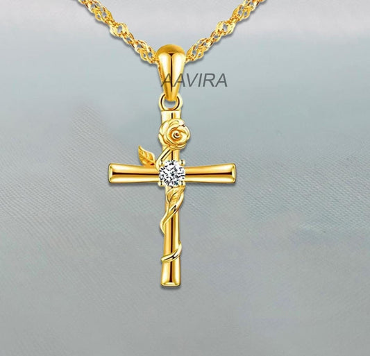 Single Stone Cross Necklace, Dainty Necklace, Floral Cross Necklace, Minimalist Cross Necklace, Moissanite Cross Necklace For Women, Gifts