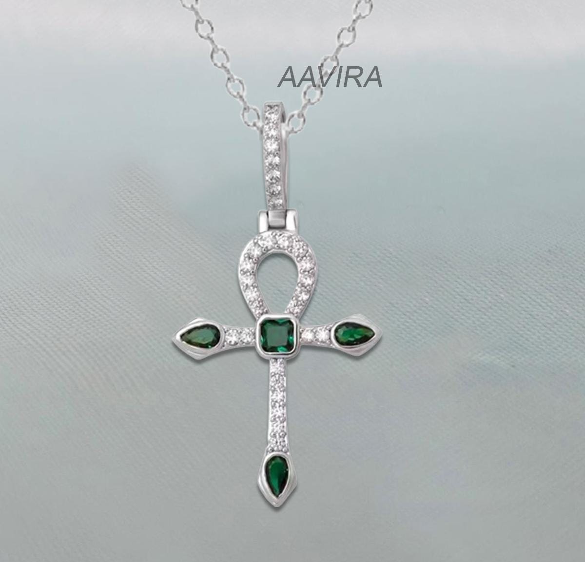 Bezel Set Princess Green Emerald Necklace, Pear Emerald Necklace, Cross Jewelry, Religious Cross Necklace, Anniversary Gift For Her, Gifts