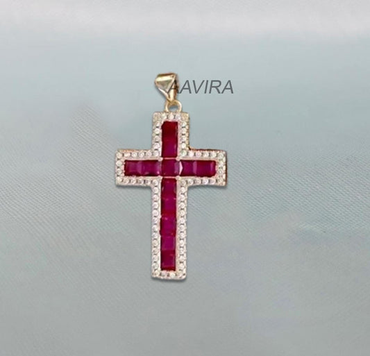 Ruby Cross Necklace, Diamond Cross Necklace Gift, Anniversary Gift, Handmade Cross Jewelry, Religious Pendant, 14k Yellow Gold Cross Gift