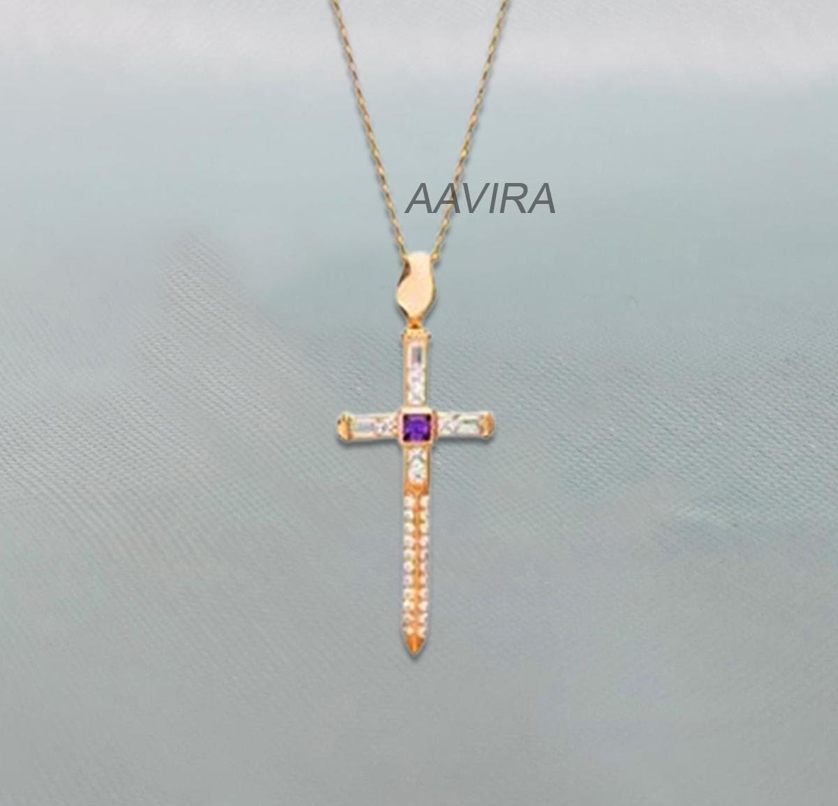 Amethyst Princess Cross Necklace, Purple Stone Cross Pendant, Religious Necklace For Her, Silver Cross Necklace, Diamond Cross Necklace