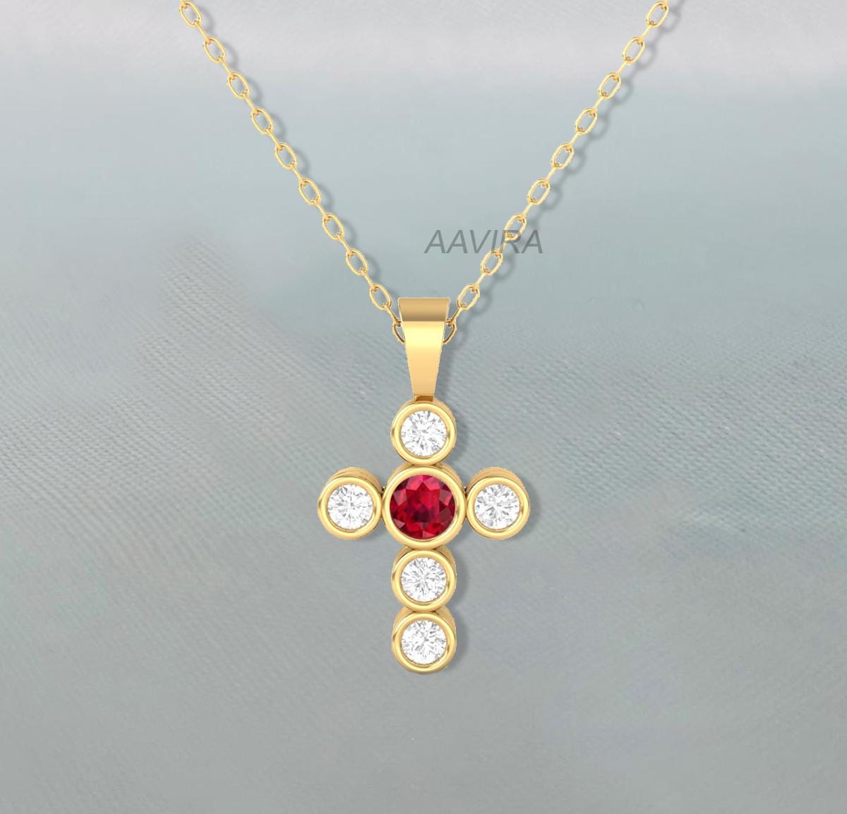Sapphire & Diamond Pendant, Bezel Set Blue Sapphire Cross, Multi Stone Cross Pendant Necklace, September Birthstone Pendant, Bezel Set Cross