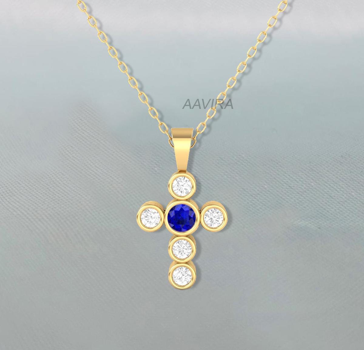 Sapphire & Diamond Pendant, Bezel Set Blue Sapphire Cross, Multi Stone Cross Pendant Necklace, September Birthstone Pendant, Bezel Set Cross