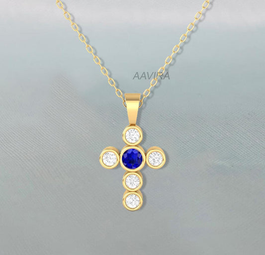 Sapphire & Diamond Pendant, Bezel Set Blue Sapphire Cross, Multi Stone Cross Pendant Necklace, September Birthstone Pendant, Bezel Set Cross
