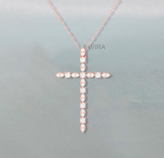 14K Rose Gold Plated Cross Pendant Necklace, Religious Necklace, Silver Cross Pendant,  Round Cross Handmade Pendant, Perfect Birthday Gift